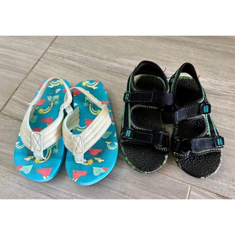 Cat & Jack‎ Wonder Nation Sandals Kids 9-10 Blue Black Good Bundle Strappy Flip